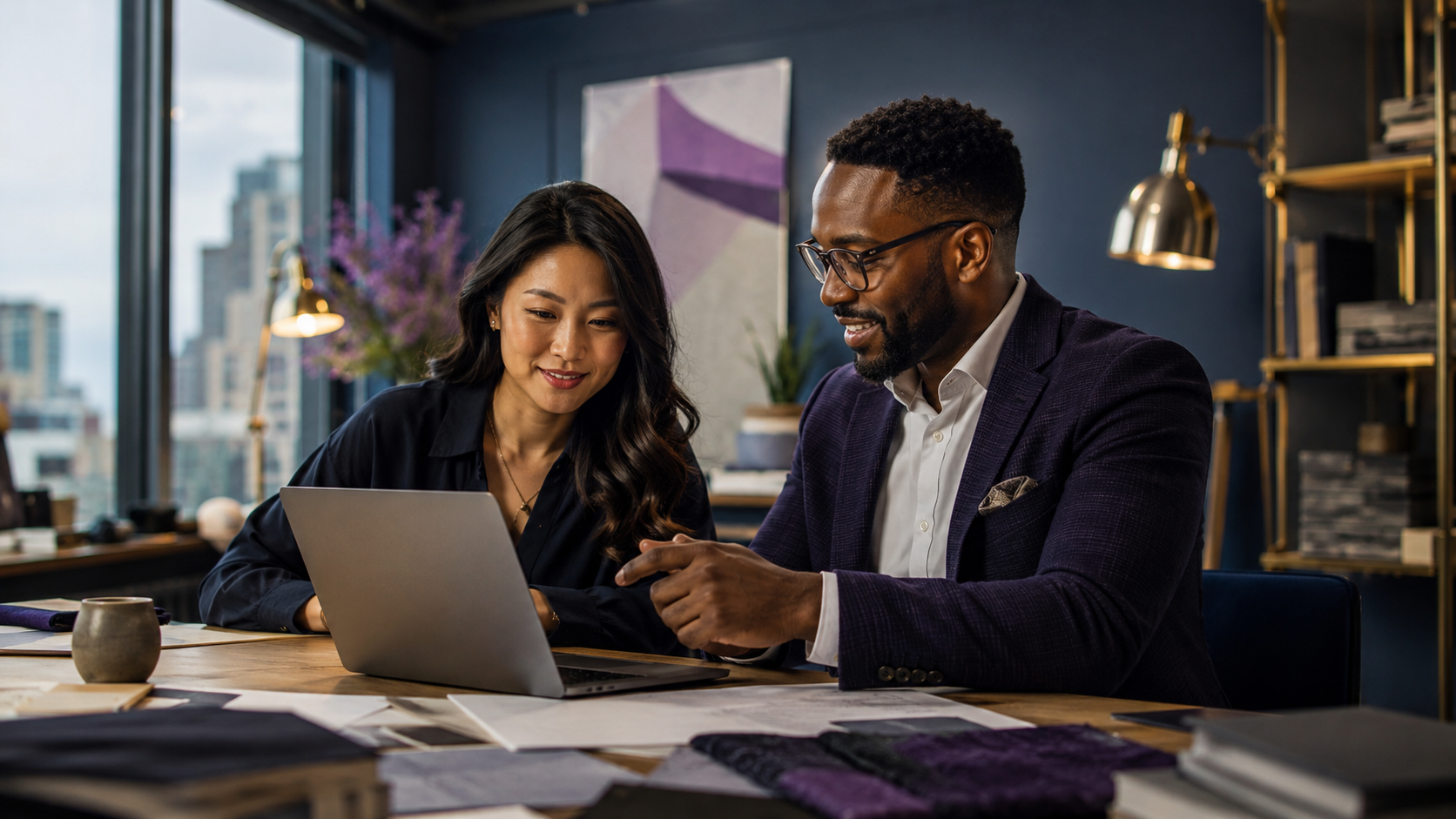 An Asian American business owner and Black mortgage advisor reviewing a bank statement loan