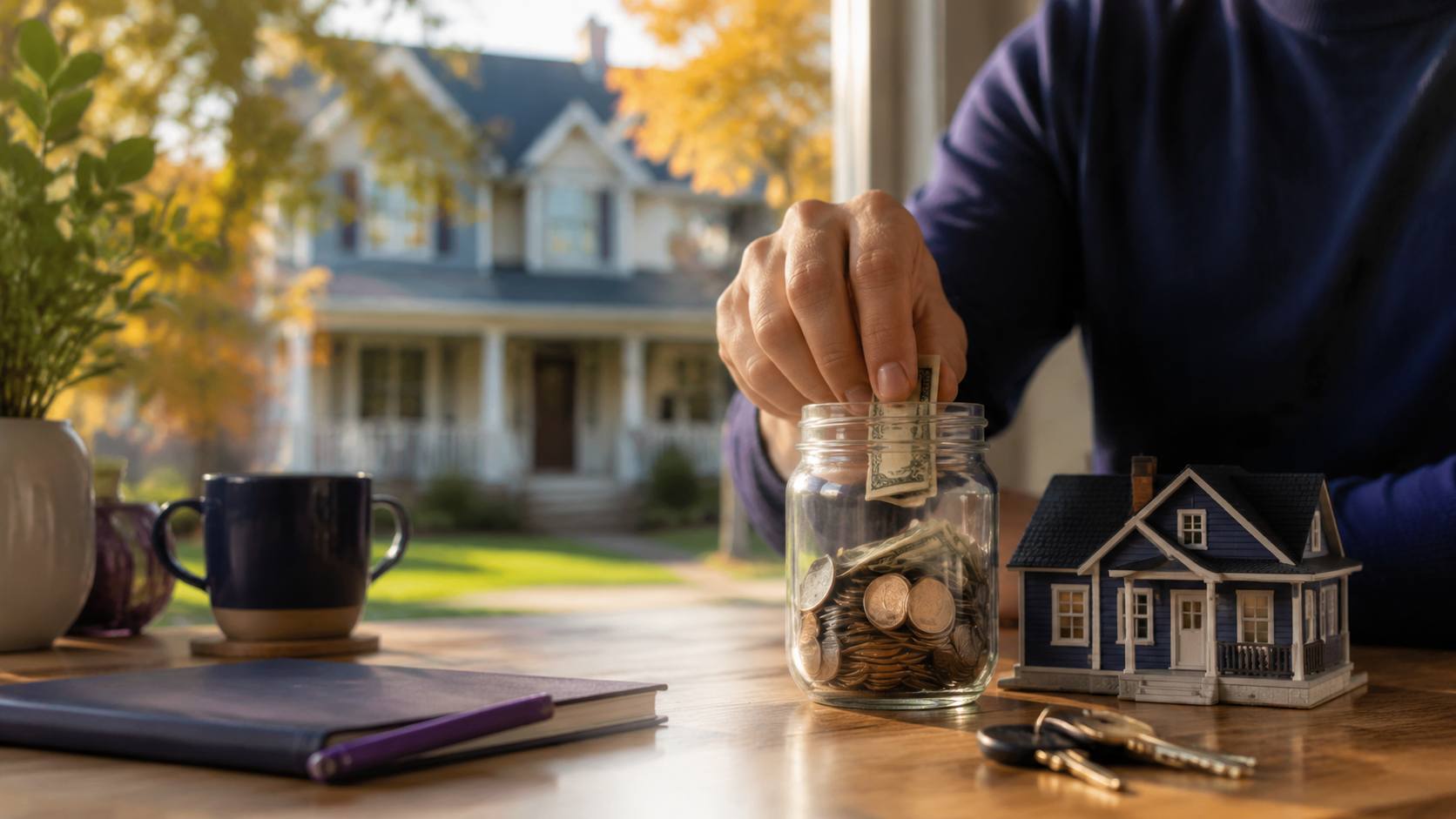 Home savings, house keys and a model home representing a Michigan down payment plan