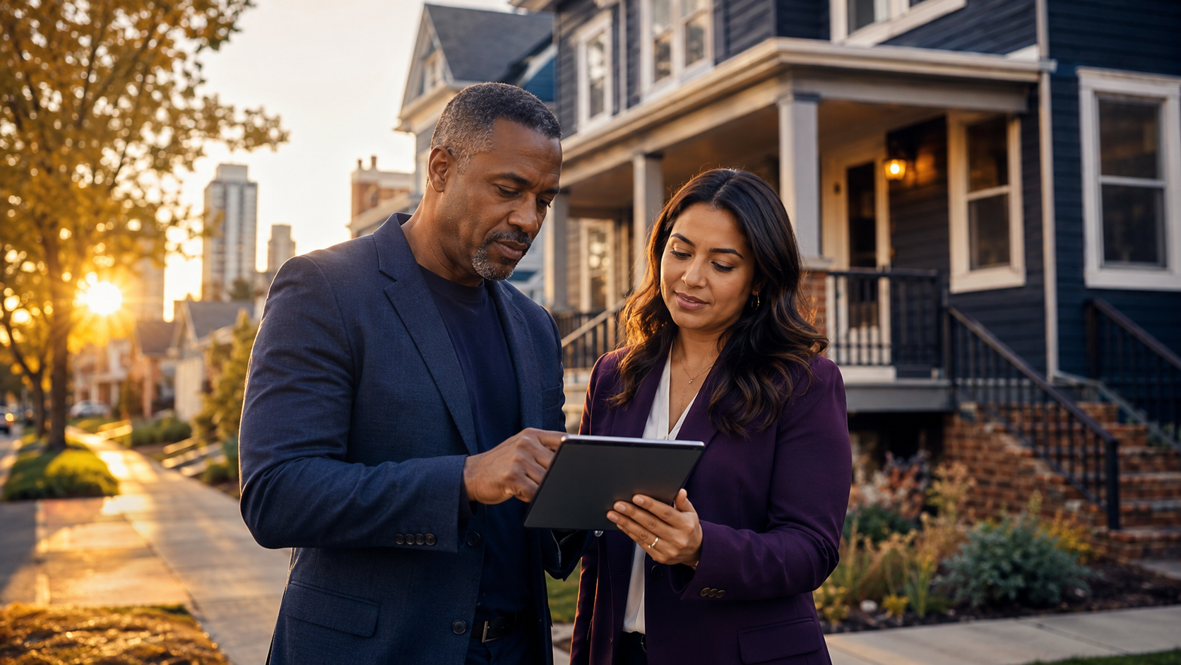A Black real estate investor and Latina mortgage advisor reviewing a Michigan rental property