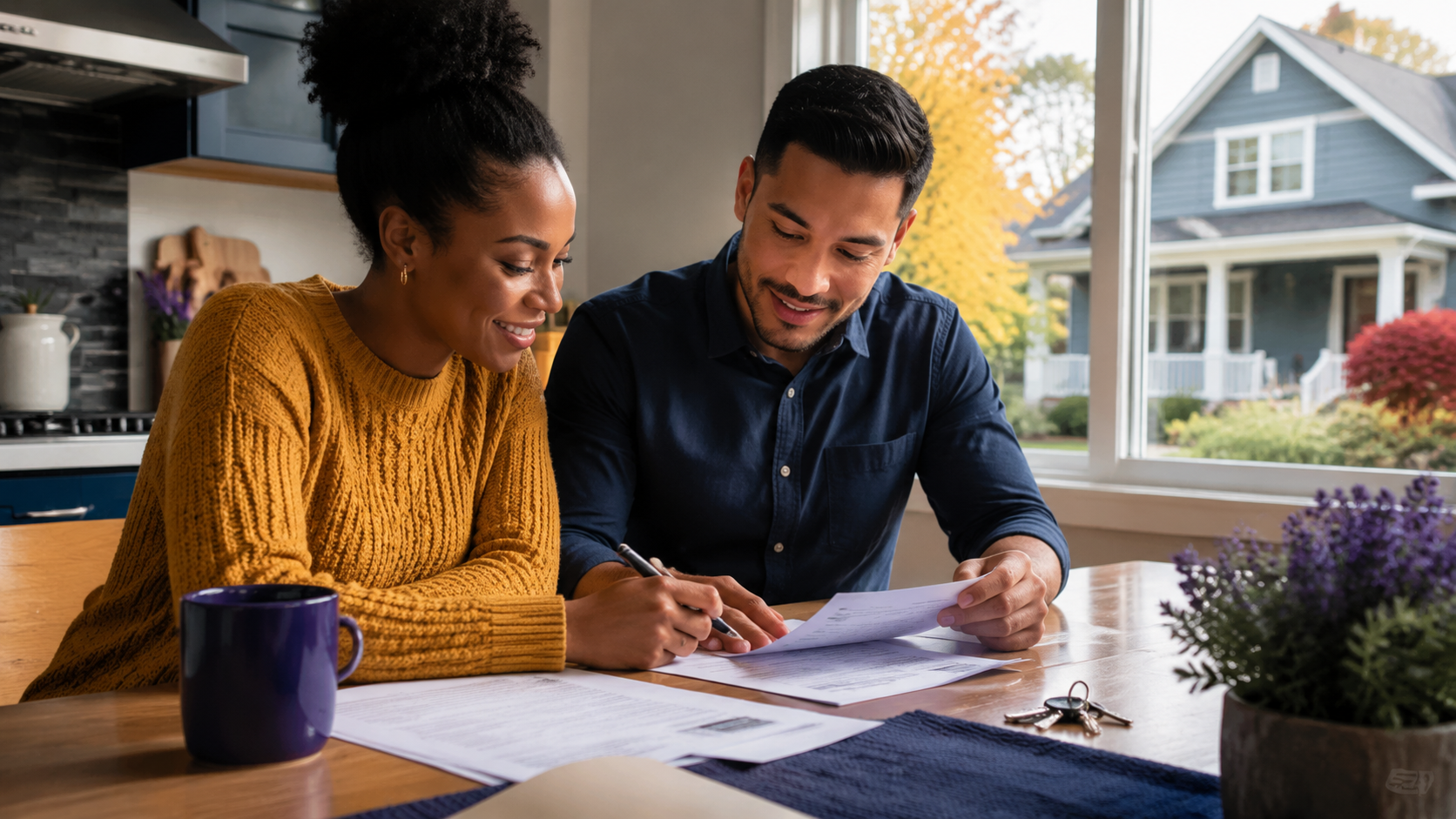 A multiracial Michigan couple reviewing FHA home loan paperwork at their kitchen table