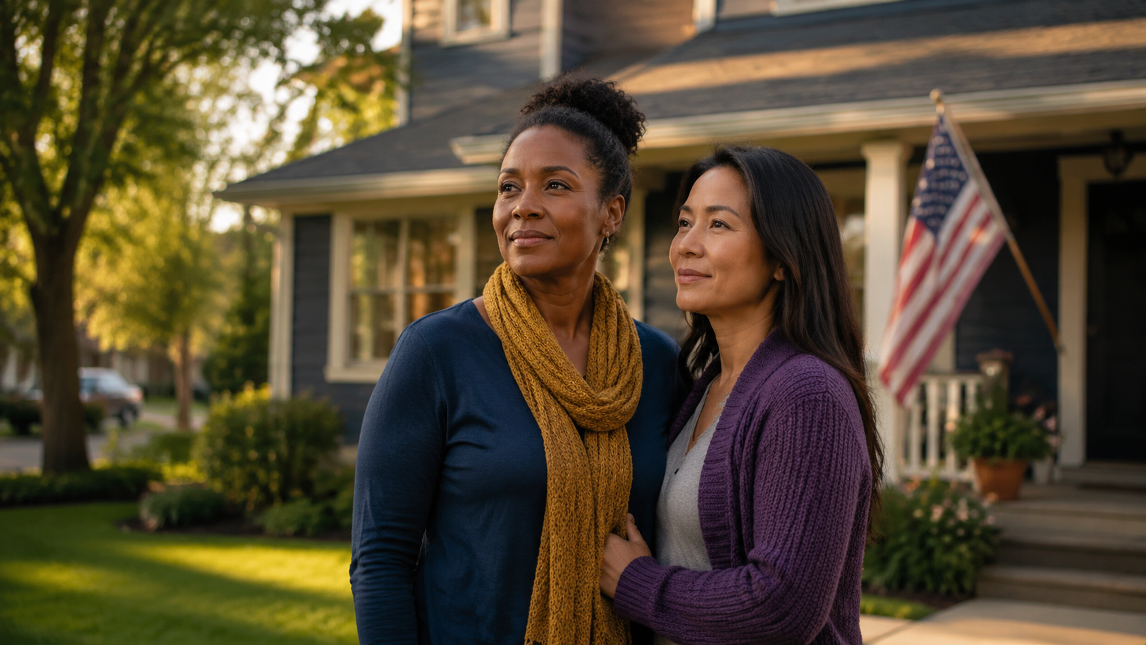 A Black woman veteran and her Asian American spouse outside their Michigan home