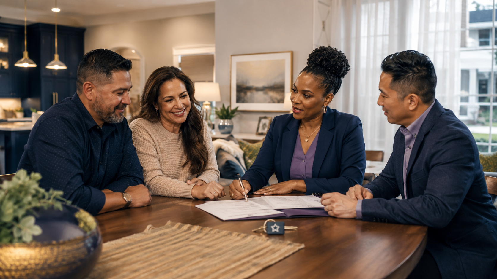 A diverse group reviewing a Michigan VA home purchase offer together