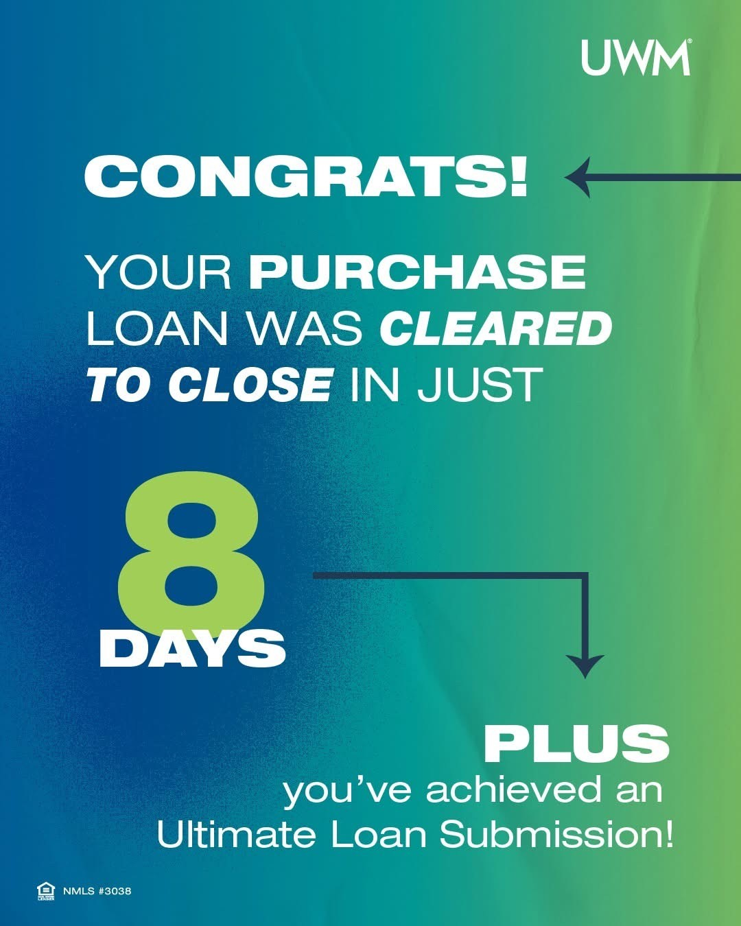 UWM recognition showing Mike Alkema's recent purchase loan was cleared to close in eight days